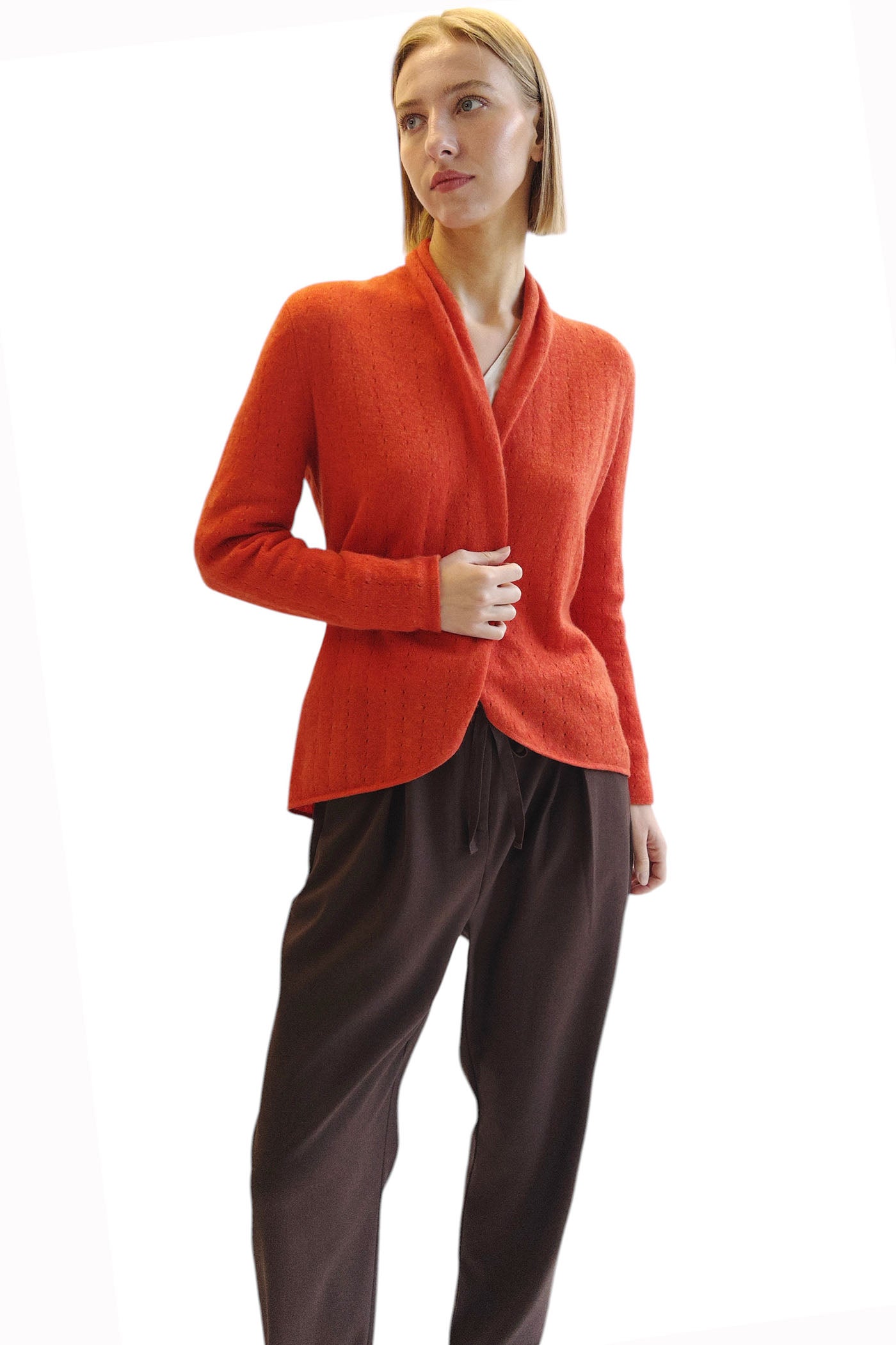 Burnt orange Cashmere Cardigan Pointelle – - Main Image