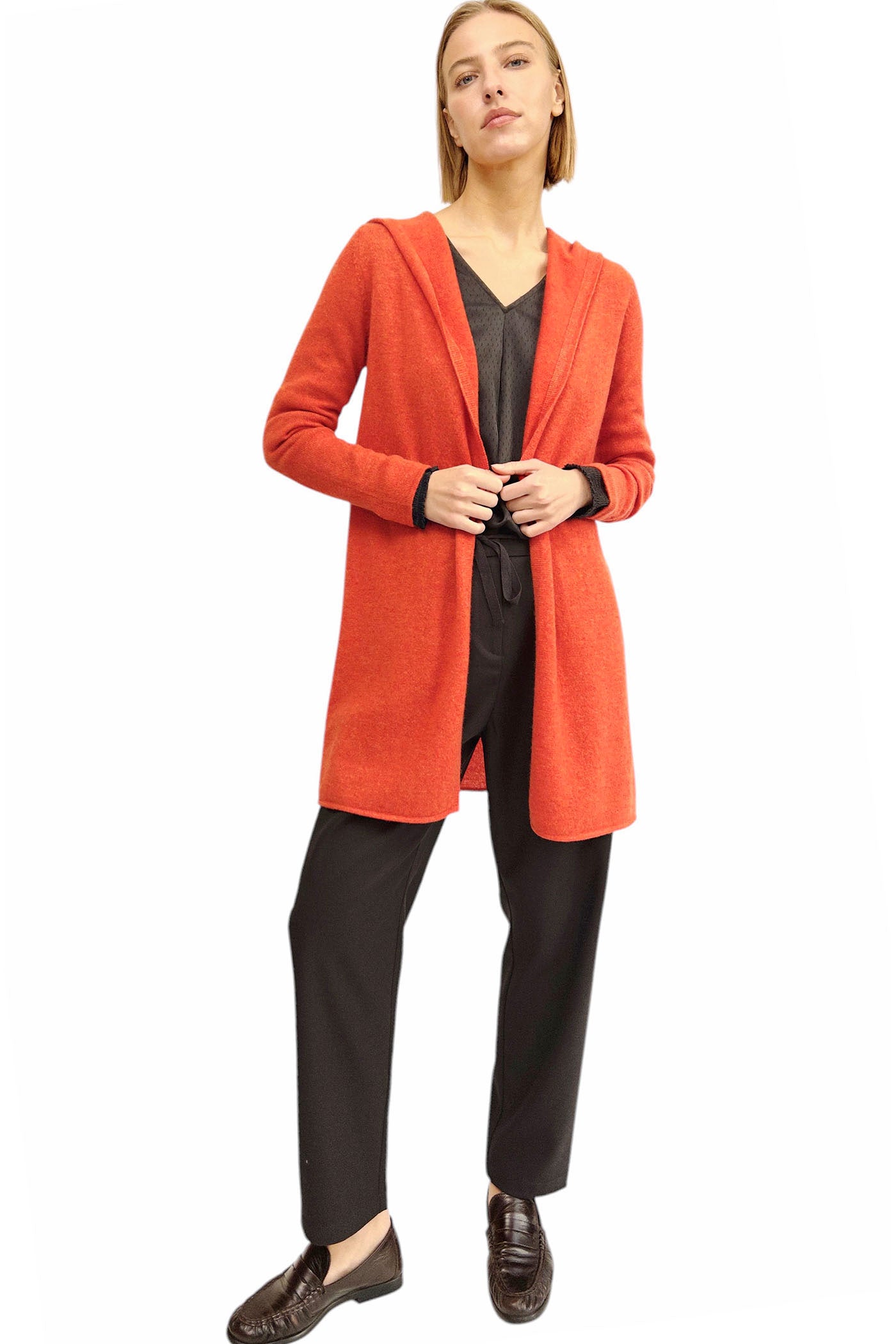 Long cashmere cardigan in burnt orange hooded –
