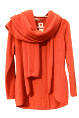 Burnt orange cashmere poncho worn with cardigan