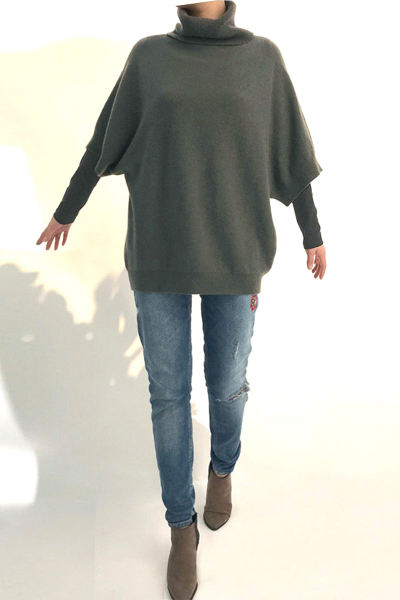 Roll neck Batwing Cashmere Jumper - Khaki green