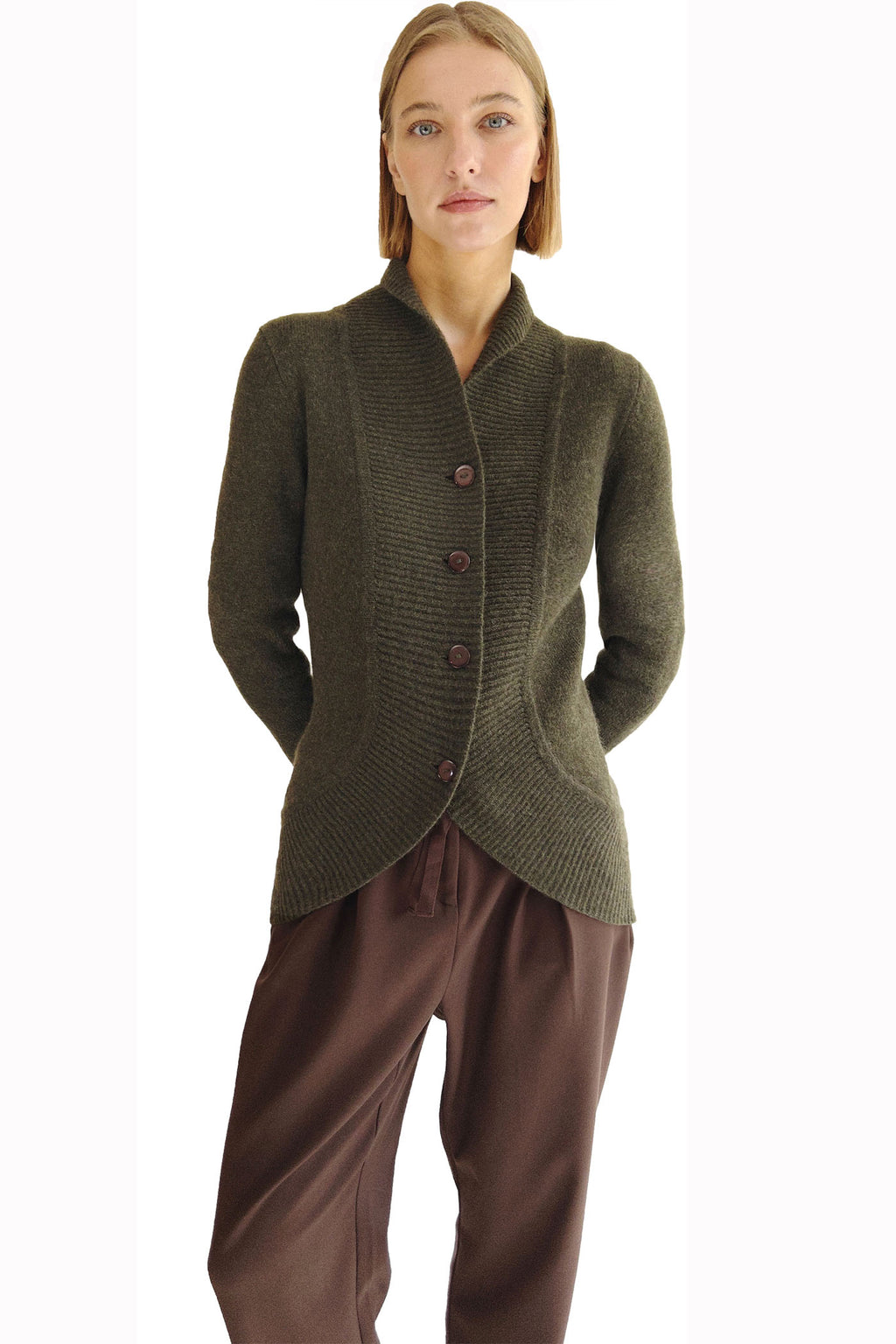 Chunky cashmere cardigan in dark olive green – - Main Image