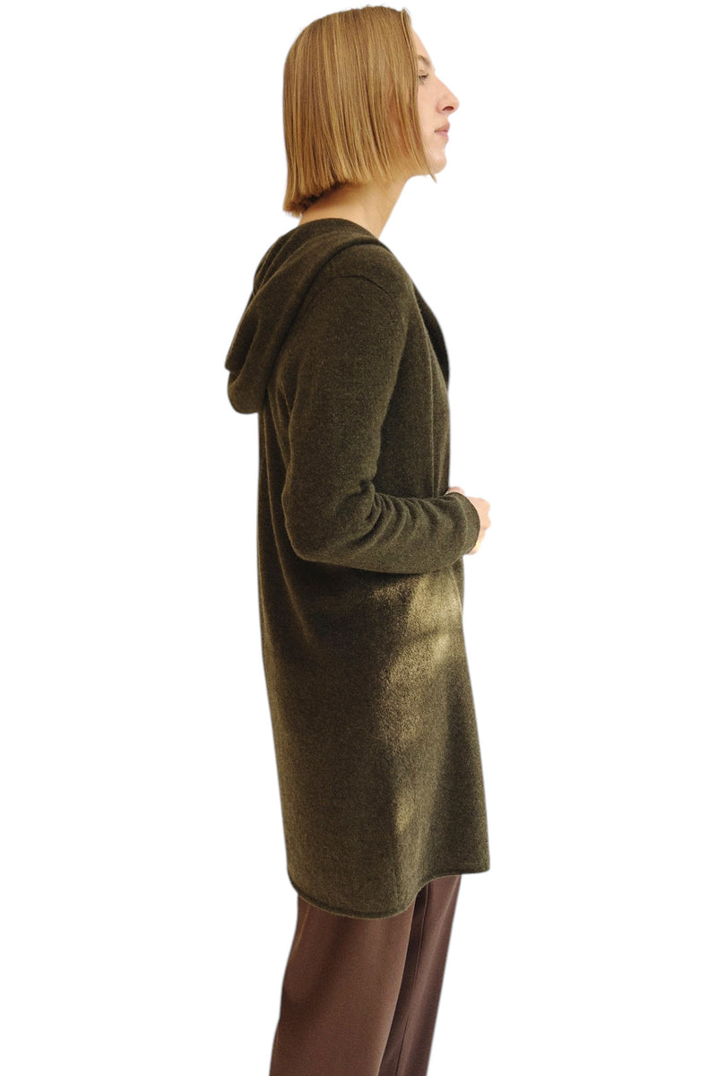 Cashmere hooded cardigan in dark olive green | side | SEMON Cashmere