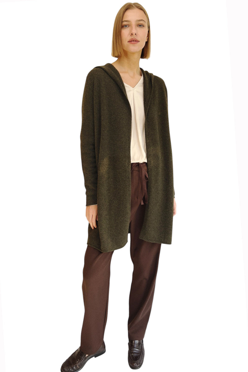 Cashmere hooded cardigan in dark olive green | SEMON Cashmere