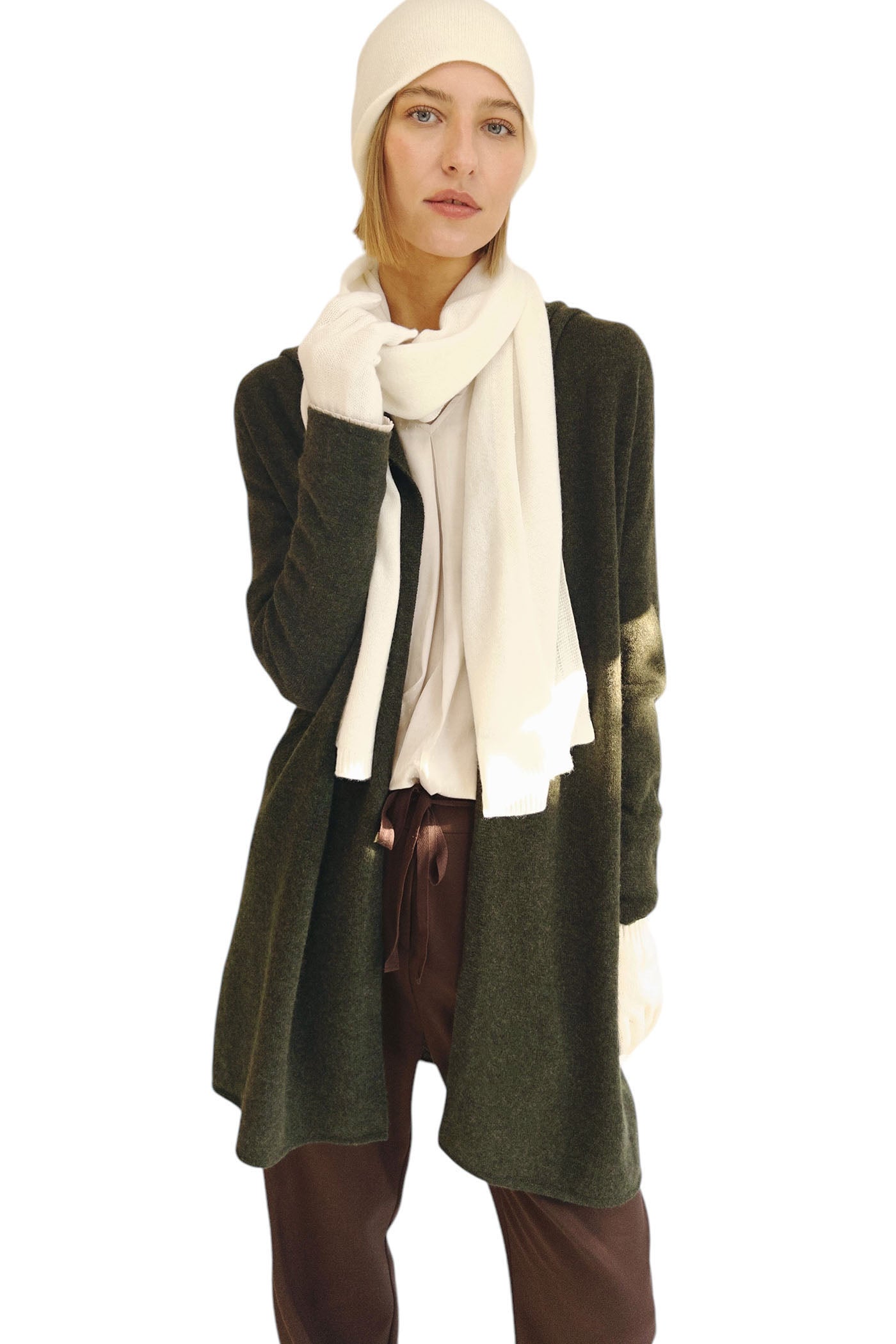 Long Cashmere Cardigan in Dark olive green - Hooded