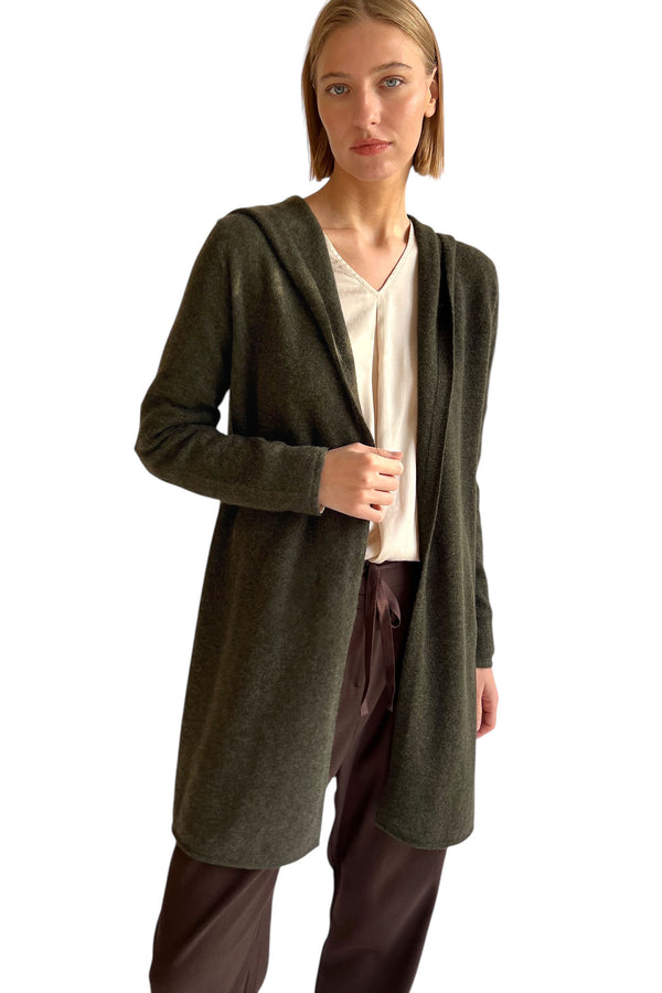 Long cashmere cardigan in dark olive green - Hooded - Semon Cashmere