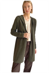 Long cashmere cardigan in dark olive green - Hooded - Semon Cashmere