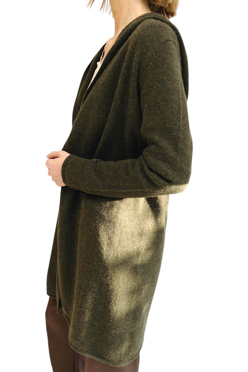 Long cashmere cardigan in dark olive green - Hooded