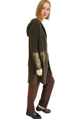 Long cashmere cardigan in dark olive green - Hooded