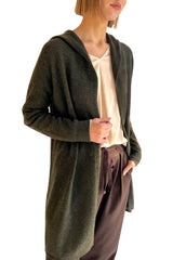 Long cashmere cardigan in dark olive green - Hooded