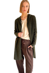 Long cashmere cardigan in dark olive green - Hooded