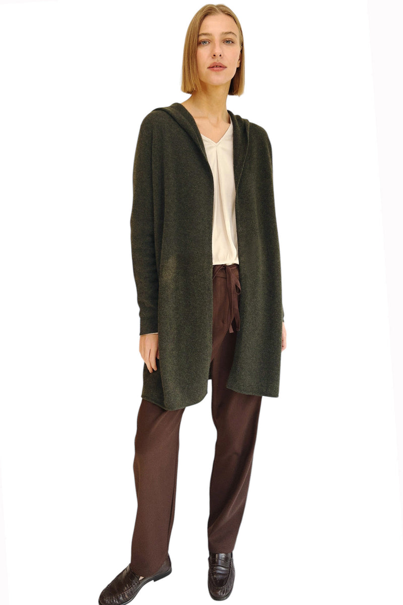 Long cashmere cardigan in dark olive green - Hooded