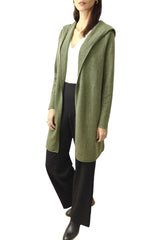 Long Cashmere Cardigan in Olive green - Hooded