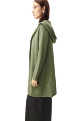 Long Cashmere Cardigan in Olive green - Hooded