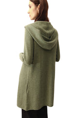 Long Cashmere Cardigan in Olive green - Hooded