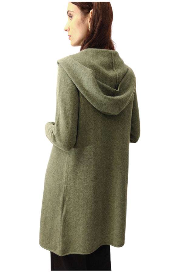 Long Cashmere Cardigan in Olive green - Hooded