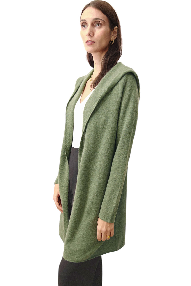 Long Cashmere Cardigan in Olive green - Hooded