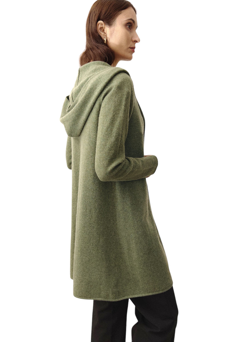 Long Cashmere Cardigan in Olive green - Hooded