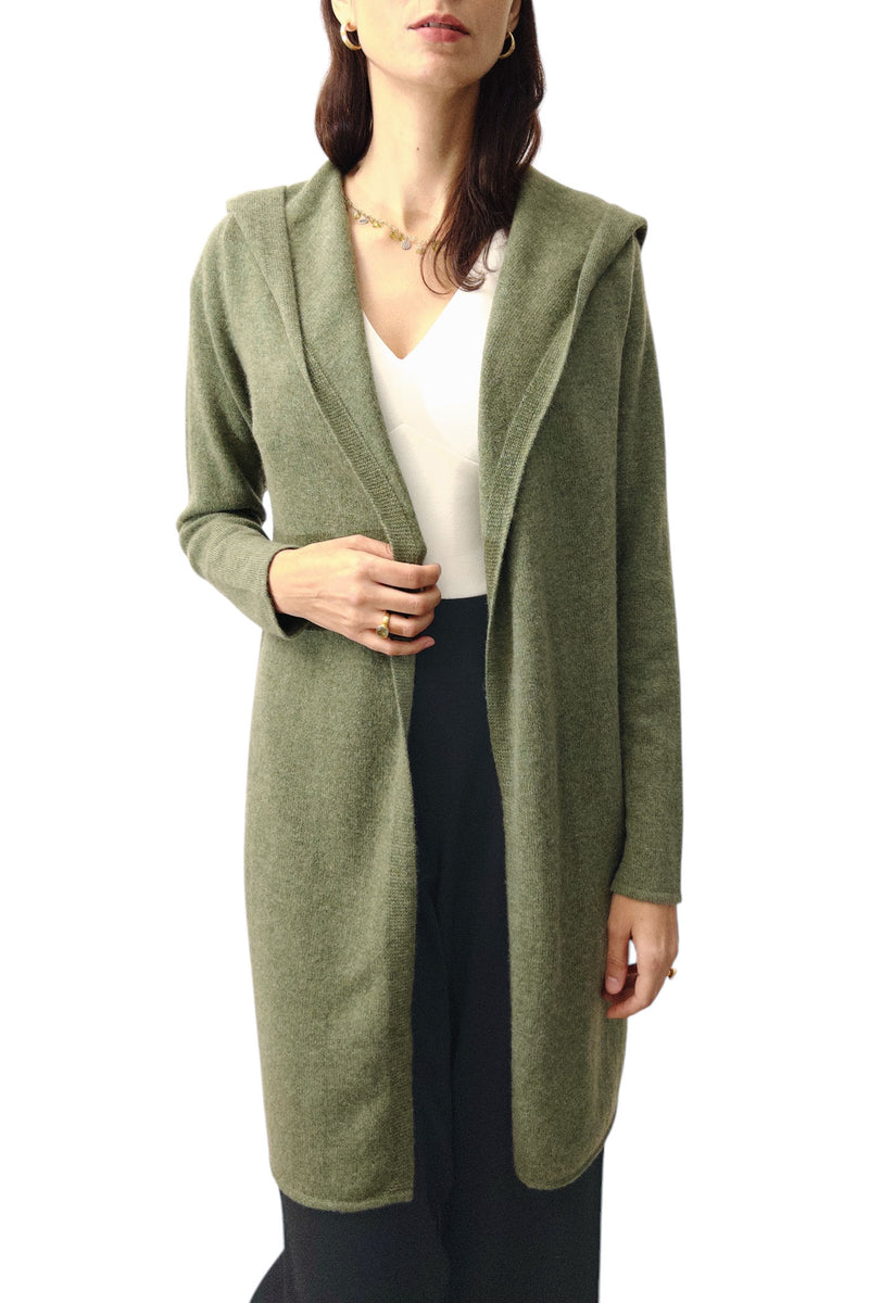 Long Cashmere Cardigan in Olive green - Hooded