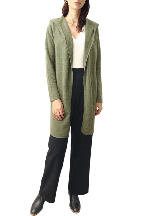 Long Cashmere Cardigan in Olive green - Hooded