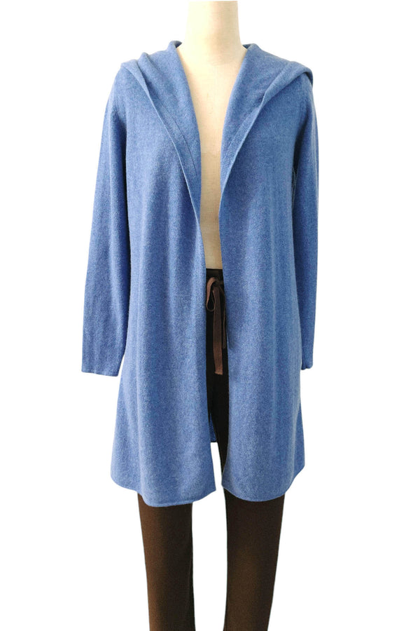 Long blue cashmere cardigan - Hooded - Semon Cashmere