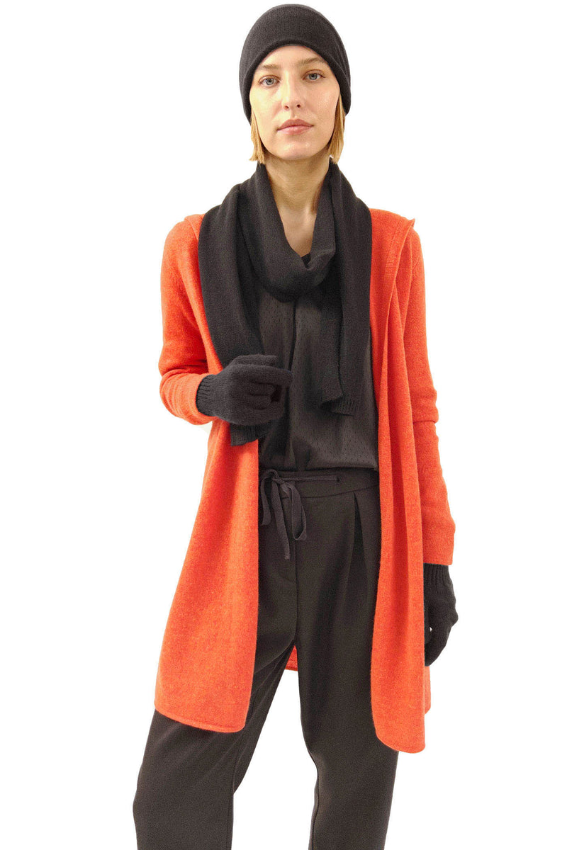 Long cashmere cardigan in burnt orange - hooded