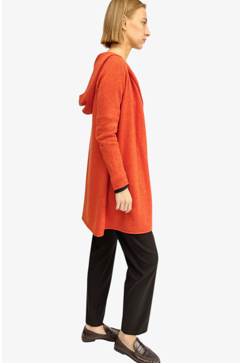 Long cashmere cardigan in burnt orange - hooded