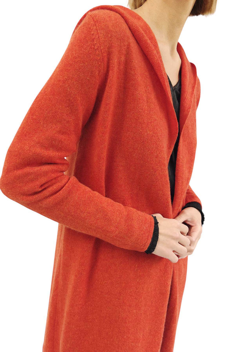 Long cashmere cardigan in burnt orange hooded –