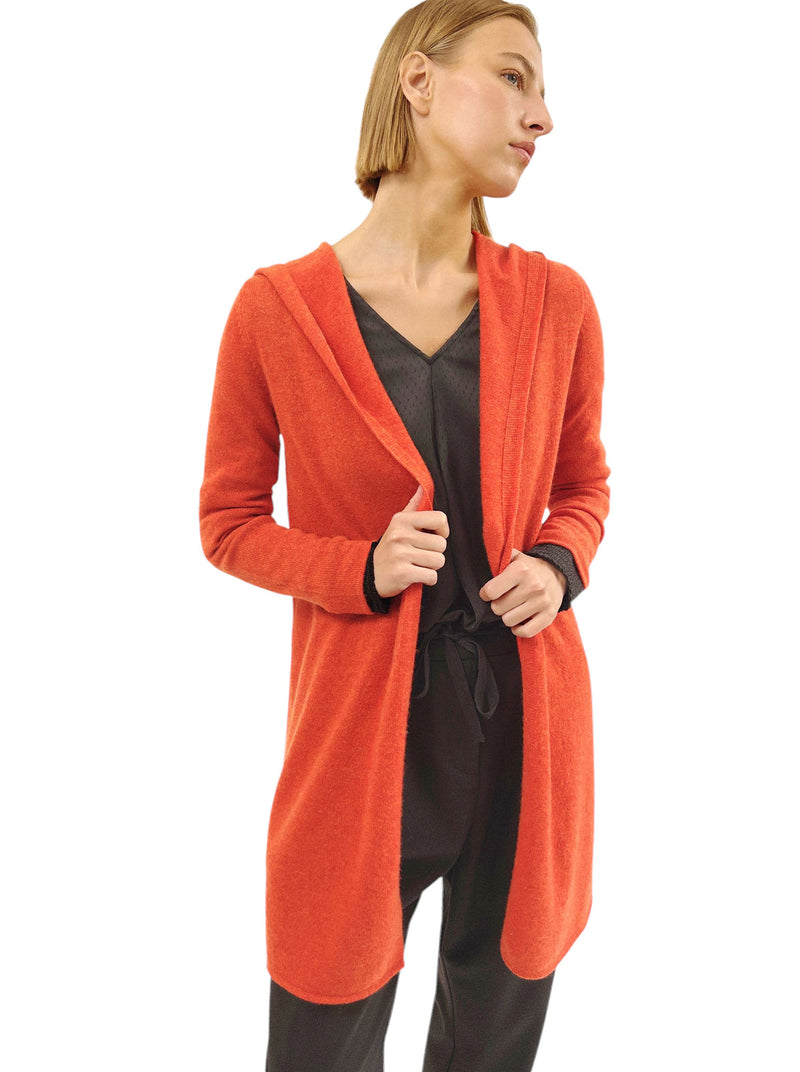 Long cashmere cardigan in burnt orange - hooded