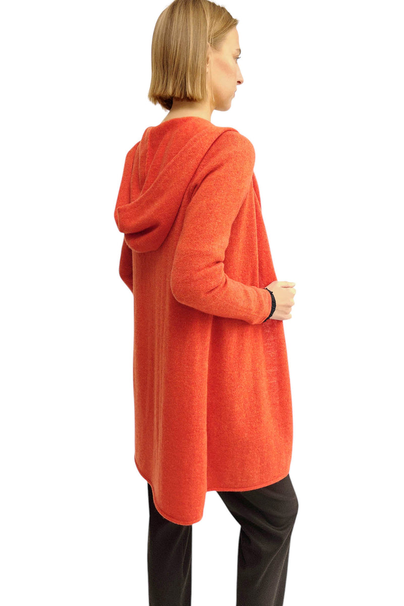 Long cashmere cardigan in burnt orange - hooded