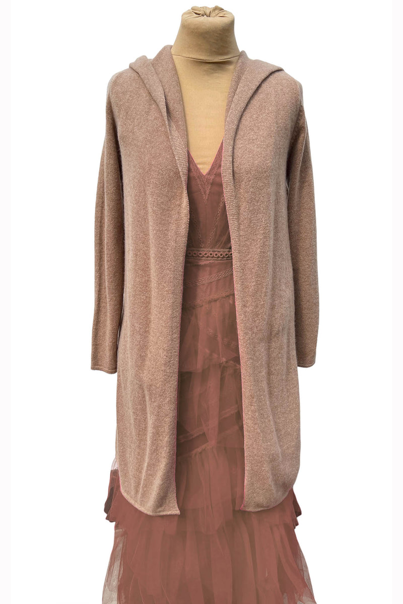 Long hooded cashmere cardigan in camel brown Semon Cashmere