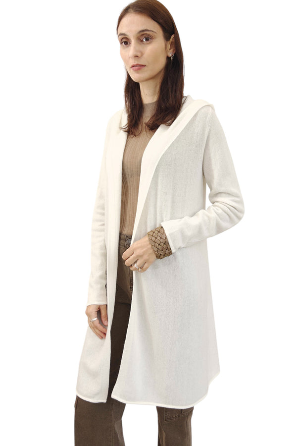 Long cashmere cardigan in white - Hooded