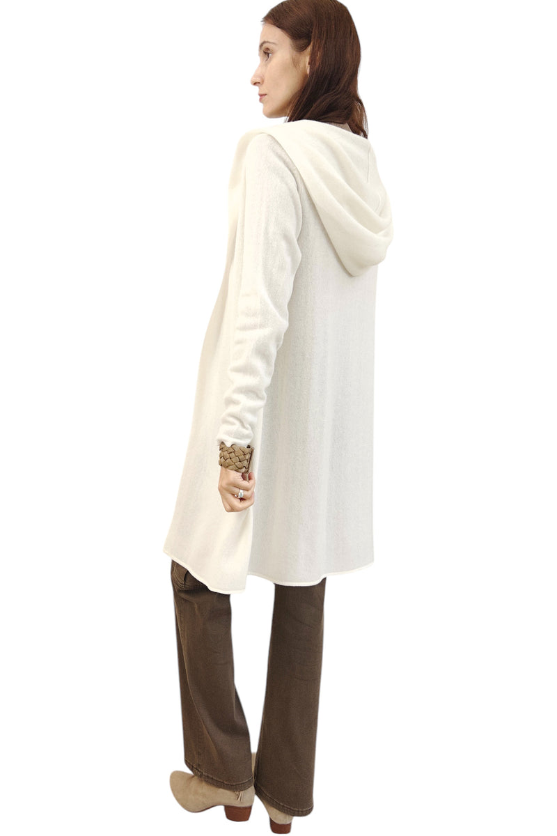 Long cashmere cardigan in white - Hooded