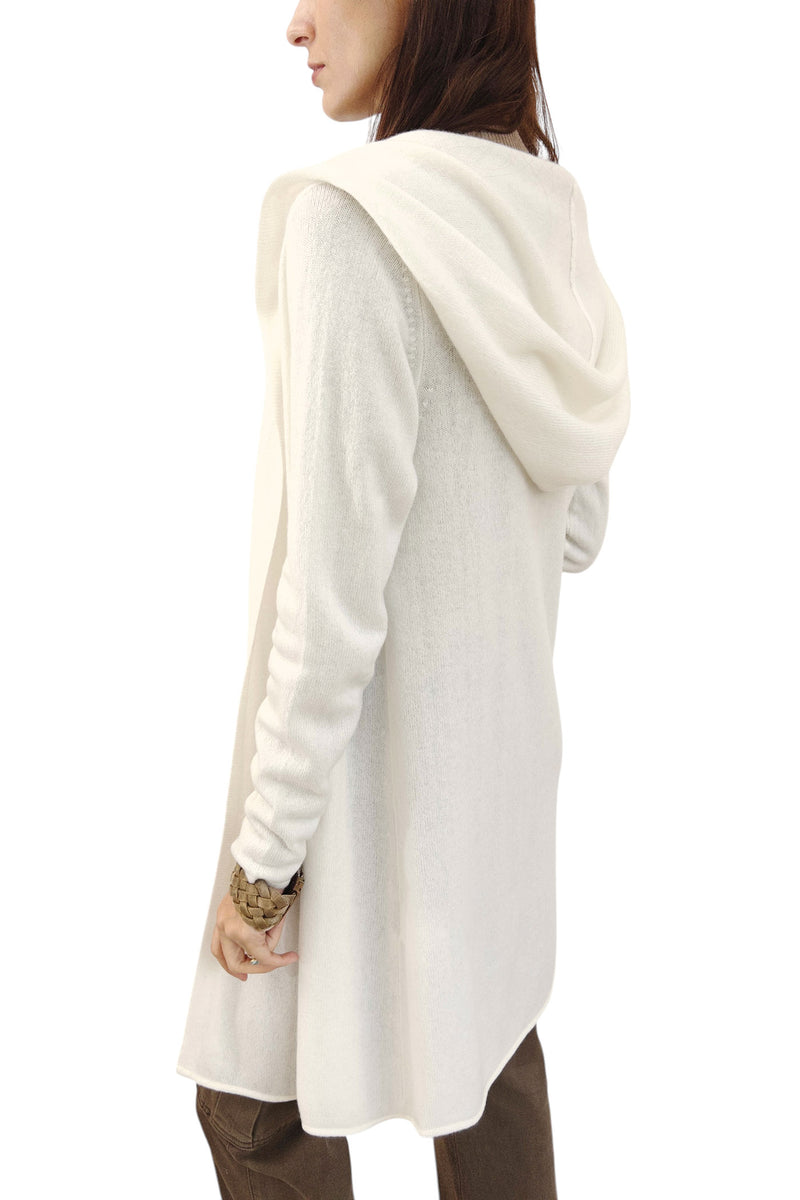 Long cashmere cardigan in white - Hooded