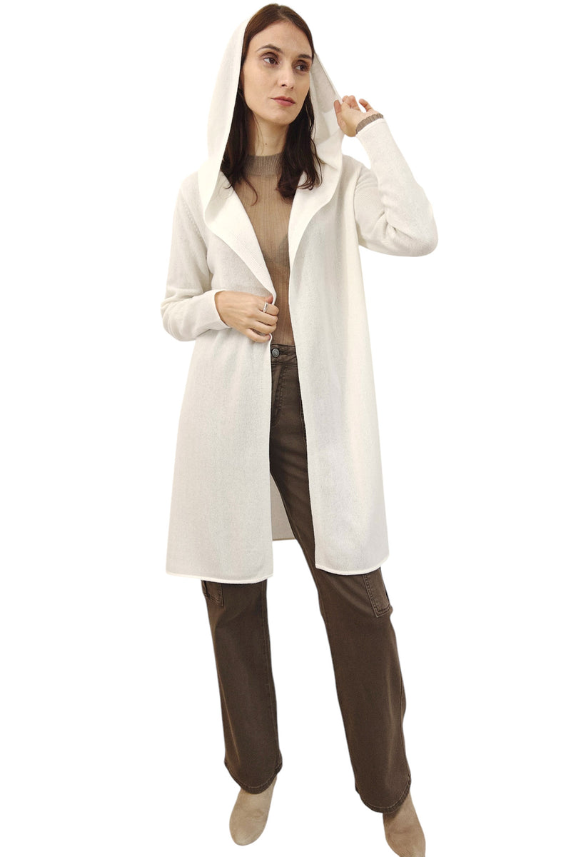 Long cashmere cardigan in white - Hooded - SEMON Cashmere