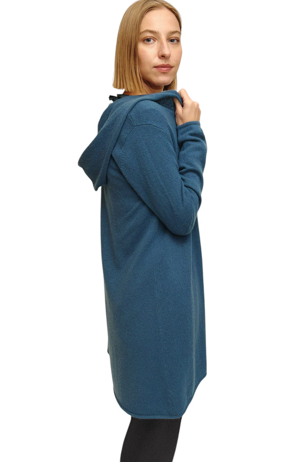 Long teal cashmere cardigan - Hooded