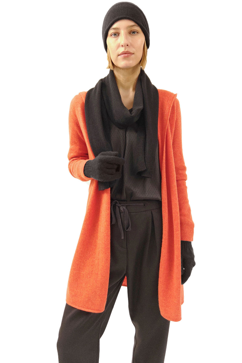 Long hooded cashmere cardigan in burnt orange | Semon Cashmere